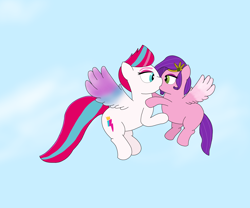 Size: 6048x5036 | Tagged: safe, artist:pinkiepie69, imported from derpibooru, pipp petals, zipp storm, pegasus, pony, chubby, female, flying, g5, incest, kiss on the lips, kissing, lesbian, makeup, pipp is chubby, pippzipp, shipping, siblings, sisters, sky background