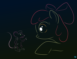 Size: 1000x776 | Tagged: safe, artist:quint-t-w, imported from derpibooru, apple bloom, cheerilee, earth pony, mouse, pony, atg 2022, bow, duo, female, gradient background, hair bow, minimalist, newbie artist training grounds, species swap