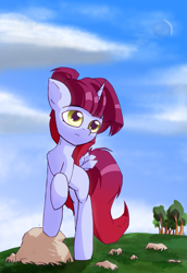 Size: 1829x2661 | Tagged: safe, artist:rainydark, imported from derpibooru, oc, oc only, pony, unicorn, cloud, day, eyebrows, eyebrows visible through hair, female, gift art, grass, horn, mare, moon, outdoors, sky, solo, tree