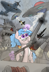 Size: 1221x1788 | Tagged: safe, artist:thebathwaterhero, imported from derpibooru, oc, oc only, oc:clever buttons, alien, pony, unicorn, cyoa:landfall, cannon, explosion, flying saucer, glasses, gun, horn, magic, plane, rifle, ship, solo focus, spaceship, telekinesis, ufo, unicorn oc, weapon