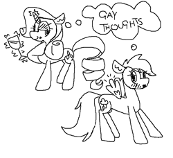 Size: 862x786 | Tagged: safe, artist:duckchip, imported from derpibooru, rainbow dash, rarity, pegasus, unicorn, alcohol, blushing, colorless, female, glass, lesbian, lidded eyes, magic, monochrome, ms paint, raridash, shipping, simple background, spread wings, telekinesis, wide eyes, wine, wine glass, wings