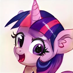 Size: 1024x1024 | Tagged: safe, imported from derpibooru, pony, unicorn, accidentally a canon character, ai content, ai generated, cute, female, generator:thisponydoesnotexist, not twilight sparkle, open mouth, purple coat, purple eyes, purple mane, smiling, solo