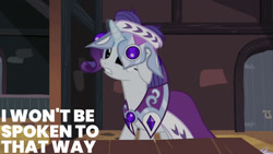 Size: 1280x720 | Tagged: safe, edit, edited screencap, editor:quoterific, imported from derpibooru, screencap, princess platinum, rarity, pony, unicorn, hearth's warming eve (episode), season 2, crown, female, floppy ears, jewelry, mare, regalia, solo, text