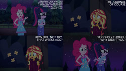 Size: 1280x720 | Tagged: safe, edit, edited screencap, editor:quoterific, imported from derpibooru, screencap, pinkie pie, sci-twi, sunset shimmer, twilight sparkle, human, equestria girls, equestria girls series, sunset's backstage pass!, spoiler:eqg series (season 2), clothes, female, glasses, hand on hip, music festival outfit, night, nightgown, open mouth, open smile, pajamas, ponytail, smiling, text, trio, trio female