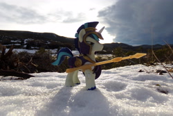 Size: 4608x3072 | Tagged: safe, artist:dingopatagonico, imported from derpibooru, shining armor, pony, armor, guardians of harmony, irl, misadventures of the guardians, photo, snow, solo, spear, toy, weapon