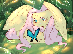 Size: 2000x1500 | Tagged: safe, artist:pupaprimeedition, imported from derpibooru, fluttershy, butterfly, pegasus, pony, blushing, cute, female, mare, shyabetes, solo