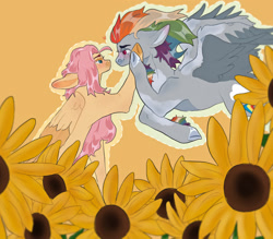 Size: 1160x1018 | Tagged: safe, artist:mystirey, imported from derpibooru, fluttershy, rainbow dash, pegasus, pony, female, flower, flutterdash, hoof on face, lesbian, looking at each other, looking at someone, looking into each others eyes, mare, outline, shipping, simple background, sunflower, yellow background