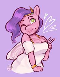 Size: 1234x1582 | Tagged: safe, artist:scribleydoodles, imported from derpibooru, pipp petals, anthro, pegasus, beauty mark, bracelet, breasts, busty pipp petals, clothes, dress, female, g5, heart, jewelry, mare, one eye closed, peace sign, purple background, shoulderless, simple background, smiling, solo