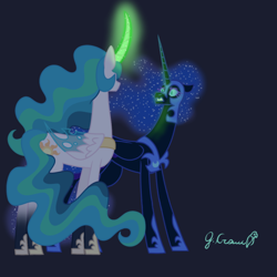 Size: 640x640 | Tagged: safe, artist:jollywolly546, imported from derpibooru, nightmare moon, princess celestia, alicorn, changeling, pony, curved horn, disguise, disguised changeling, duo, female, frown, glowing, glowing horn, horn, looking at each other, looking at someone, mare, peytral, signature, simple background, tail, teeth, transparent background, wings