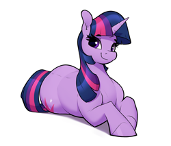 Size: 3600x3065 | Tagged: safe, artist:aquaticvibes, imported from derpibooru, twilight sparkle, pony, unicorn, cute, female, looking at you, lying down, mare, prone, simple background, smiling, solo, twiabetes, unicorn twilight, white background