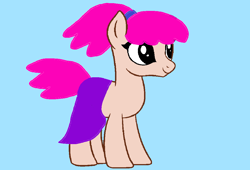 Size: 1102x748 | Tagged: safe, artist:disneyponyfan, imported from derpibooru, earth pony, pony, 1000 hours in ms paint, black sclera, blue background, clothes, cyan background, female, g4, mare, ms paint, pink hair, pink mane, pink tail, pinky dinky doo, pinky dinky doo (character), ponified, ponytail, purple skirt, simple background, skirt, smiling, solo, tail