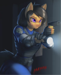 Size: 780x957 | Tagged: safe, artist:pakwan008, imported from derpibooru, oc, oc only, anthro, earth pony, aiming, body armor, clothes, commission, cosplay, costume, detailed background, digital art, female, fingerless gloves, gloves, gun, handgun, light, police officer, police uniform, resident evil, solo