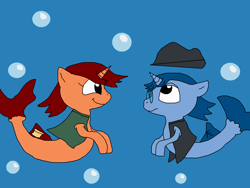 Size: 2000x1500 | Tagged: safe, artist:blazewing, imported from derpibooru, oc, oc only, oc:syntax, oc:tough cookie, seapony (g4), unicorn, atg 2022, bubble, clothes, colored background, fedora, female, frown, glasses, hat, male, mare, newbie artist training grounds, palindrome get, seaponified, smiling, species swap, stallion, underwater, vest, water