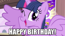 Size: 1280x720 | Tagged: safe, edit, edited screencap, imported from derpibooru, screencap, twilight sparkle, alicorn, pony, season 4, three's a crowd, adorkable, birthday, breaking the fourth wall, cute, dork, female, happy, happy birthday, looking at you, mare, one eye closed, solo, spoiler alert, talking, twiabetes, twilight sparkle (alicorn), wink, winking at you