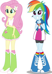 Size: 751x1063 | Tagged: safe, artist:jerrybonds1995, imported from derpibooru, fluttershy, rainbow dash, human, equestria girls, boots, clothes, high heel boots, jacket, shirt, shoes, simple background, skirt, sleeveless, socks, solo, tanktop, white background