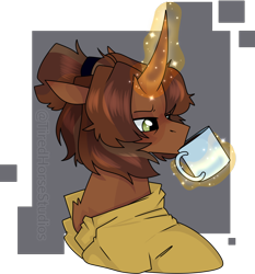 Size: 1122x1202 | Tagged: safe, artist:tired-horse-studios, imported from derpibooru, oc, oc only, pony, unicorn, bust, clothes, coffee mug, female, magic, mare, mug, portrait, shirt, simple background, solo, transparent background