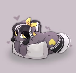 Size: 1654x1595 | Tagged: safe, artist:_alixxie_, imported from derpibooru, oc, earth pony, pony, bow, female, gray background, hair bow, lying down, mare, pillow, prone, simple background, solo