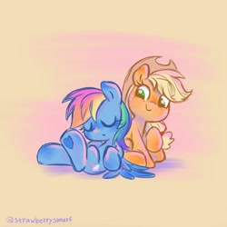 Size: 2000x2000 | Tagged: safe, artist:flutterberrypie, imported from derpibooru, applejack, rainbow dash, earth pony, pegasus, pony, applebetes, appledash, applejack's hat, c:, cowboy hat, cute, daaaaaaaaaaaw, dashabetes, duo, eyes closed, female, freckles, frog (hoof), hat, lesbian, looking at someone, mare, orange background, raised hoof, shipping, signature, simple background, sitting, sleeping, smiling, spread wings, underhoof, wings