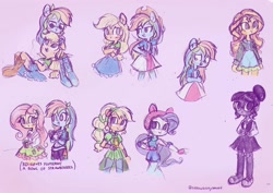 Size: 2048x1448 | Tagged: safe, artist:flutterberrypie, imported from derpibooru, applejack, fluttershy, rainbow dash, rarity, sci-twi, sunset shimmer, twilight sparkle, human, equestria girls, alternate clothes, appledash, bowl, c:, female, food, humanized, lesbian, looking at each other, looking at someone, lying down, purple background, shipping, simple background, sketch, sketch dump, smiling, strawberry, traditional art