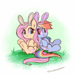 Size: 640x640 | Tagged: safe, artist:flutterberrypie, imported from derpibooru, fluttershy, rainbow dash, pegasus, pony, animated, bunny ears, c:, cute, daaaaaaaaaaaw, duo, duo female, easter, female, flutterdash, folded wings, grass, holiday, hooves to the chest, lesbian, looking at each other, looking at someone, mare, partial background, shipping, signature, simple background, sitting, smiling, wings