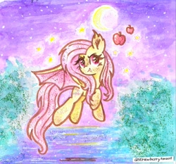 Size: 1561x1453 | Tagged: safe, artist:flutterberrypie, imported from derpibooru, fluttershy, bat pony, pony, >:), apple, bat ponified, bat wings, bush, female, flutterbat, flying, food, moon, night, race swap, raised hoof, red eyes, solo, species swap, spread wings, stars, traditional art, turned head, watercolor painting, wings