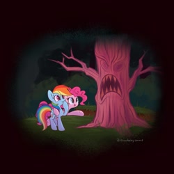 Size: 800x800 | Tagged: safe, artist:flutterberrypie, imported from derpibooru, pinkie pie, rainbow dash, earth pony, pegasus, pony, friendship is magic, dark, duo, everfree forest, hoof over mouth, laughing, laughter song, scary face, smiling, tree