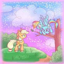 Size: 800x800 | Tagged: safe, artist:flutterberrypie, imported from derpibooru, applejack, rainbow dash, earth pony, pegasus, pony, alternate hairstyle, appledash, bush, cloud, duo, female, grass, hill, lesbian, looking at each other, looking at someone, raised hooves, shipping, spread wings, starry night, stars, tree, unshorn fetlocks, wings