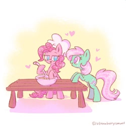 Size: 800x800 | Tagged: safe, artist:flutterberrypie, imported from derpibooru, minty, pinkie pie, earth pony, pony, baking, bedroom eyes, bowl, chef's hat, duo, female, hat, heart, hooves on the table, ladle, lesbian, looking at each other, looking at someone, mintypie, mixing bowl, raised eyebrows, shipping, smiling, smiling at each other, table