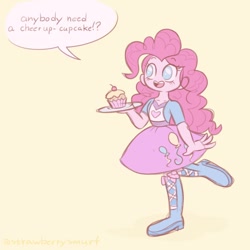 Size: 800x800 | Tagged: safe, artist:flutterberrypie, imported from derpibooru, pinkie pie, human, equestria girls, clothes, cream background, cupcake, cute, dialogue, diapinkes, dress, female, food, happy, raised leg, simple background, solo, speech bubble