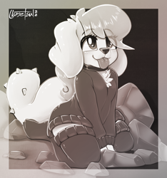 Size: 948x1012 | Tagged: safe, artist:llametsul, imported from derpibooru, fluttershy, diamond dog, :p, atg 2022, black and white, blushing, chest fluff, clothes, collar, cute, diamond dogified, ear fluff, female, female diamond dog, floppy ears, flutterdog, grayscale, kneeling, monochrome, newbie artist training grounds, signature, smiling, socks, solo, species swap, stockings, sweater, thigh highs, tongue out