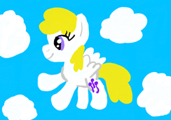 Size: 4776x3336 | Tagged: safe, artist:funboy34, imported from derpibooru, surprise, pegasus, pony, adoraprise, cloud, cloudy, cute, female, flying, g1, g1 to g4, g4, generation leap, mare, sky, smiling, solo, surprise can fly