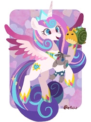 Size: 766x1021 | Tagged: safe, artist:efuji_d, imported from derpibooru, princess flurry heart, smarty pants, whammy, alicorn, pony, adult flurry heart, colored wings, crown, doll, female, flying, heart, heart background, hoof shoes, horn, jewelry, mare, multicolored wings, older, older flurry heart, plushie, regalia, simple background, spread wings, toy, white background, wings