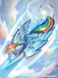 Size: 768x1024 | Tagged: safe, artist:mugitya012, imported from derpibooru, rainbow dash, pegasus, pony, cloud, female, flying, looking at you, mare, rainbow, sky, solo, sun, wings