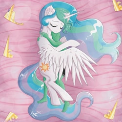 Size: 4000x4000 | Tagged: safe, artist:darkest-lunar-flower, imported from derpibooru, princess celestia, oc, oc:anon, alicorn, human, pony, abstract background, crown, eyes closed, hoof shoes, hug, human on pony snuggling, jewelry, lying down, regalia, smiling, snuggling, winghug, wings