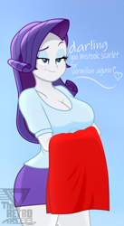 Size: 1700x3104 | Tagged: safe, artist:theretroart88, imported from derpibooru, rarity, human, equestria girls, breasts, busty rarity, cleavage, clothes, disappointed, fabric, female, miniskirt, rarity is not amused, skirt, solo, stupid sexy rarity, unamused