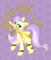 Size: 675x797 | Tagged: safe, artist:stacy_165cut, imported from derpibooru, oc, oc only, pegasus, pony, female, folded wings, mare, mouth hold, raised hoof, solo, sword, weapon, wings