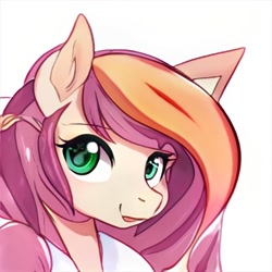 Size: 1024x1024 | Tagged: safe, imported from derpibooru, oc, oc only, pony, abstract background, ai content, ai generated, bust, cyan eyes, generator:thisponydoesnotexist, green eyes, orange mane, pink mane, portrait, smiling, solo