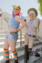 Size: 1999x2999 | Tagged: safe, artist:hybridrain, imported from derpibooru, applejack, rainbow dash, human, anime expo, anime expo 2013, bare shoulders, clothes, cosplay, costume, irl, irl human, multicolored hair, photo, rainbow hair, rainbow socks, sleeveless, socks, striped socks