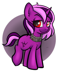 Size: 2194x2762 | Tagged: safe, artist:dumbwoofer, imported from derpibooru, oc, oc only, oc:ilygredd, goo, goo pony, original species, pony, unicorn, fallout equestria, bomb collar, collar, female, looking at you, mare, raised eyebrow, simple background, slave, slave collar, smiling, smiling at you, solo, tail, transparent background