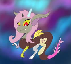 Size: 2000x1800 | Tagged: safe, artist:starscatterart, imported from derpibooru, fluttershy, draconequus, abstract background, atg 2022, draconequified, flutterequus, newbie artist training grounds, psychedelic, snaggletooth, solo, species swap