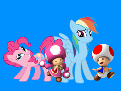 Size: 1707x1276 | Tagged: safe, edit, imported from derpibooru, pinkie pie, rainbow dash, earth pony, pegasus, pony, blue background, crossover, cute, dashabetes, diapinkes, female, g4, male, mare, rainbow toad, simple background, super mario bros., toad (mario bros), toadette, toadette pie