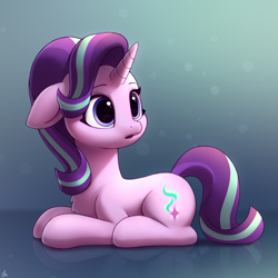 Size: 2000x2000 | Tagged: safe, artist:luminousdazzle, imported from derpibooru, starlight glimmer, pony, unicorn, :o, cute, female, floppy ears, g4, glimmerbetes, high res, lying down, mare, multicolored mane, open mouth, prone, reflection, reflective floor, solo