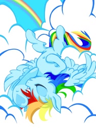 Size: 960x1280 | Tagged: safe, artist:stacy_165cut, imported from derpibooru, rainbow dash, pegasus, pony, cloud, eyes closed, female, lying down, lying on a cloud, mare, on a cloud, on back, rainbow, sky, solo, spread wings, wings