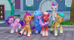 Size: 889x485 | Tagged: safe, artist:malarkey, imported from derpibooru, hitch trailblazer, izzy moonbow, pipp petals, sprout cloverleaf, sunny starscout, zipp storm, earth pony, pegasus, pony, unicorn, 3d, blender, female, g5, game screencap, group, hug, looking at each other, looking at someone, male, mane five (g5), mare, maretime bay, my little pony: a maretime bay adventure, new mane six (g5), stallion