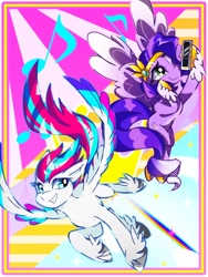 Size: 768x1024 | Tagged: safe, artist:stacy_165cut, imported from derpibooru, pipp petals, zipp storm, pegasus, pony, cellphone, duo, duo female, female, flying, g5, grin, headband, hoof hold, mare, music notes, one eye closed, phone, royal sisters (g5), siblings, sisters, smiling, spread wings, unshorn fetlocks, wings, wink