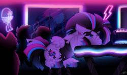 Size: 1280x759 | Tagged: safe, artist:princessmoonsilver, imported from derpibooru, oc, oc only, oc:neon nightmare, pegasus, pony, base used, cyberpunk, neon