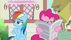 Size: 1280x720 | Tagged: safe, imported from derpibooru, screencap, pinkie pie, rainbow dash, earth pony, pegasus, pony, daring done?, season 7, bench, bored, crossed hooves, duo, duo female, female, folded wings, frown, mare, narrowed eyes, newspaper, rainbow dash is not amused, reading, sitting, unamused, wings