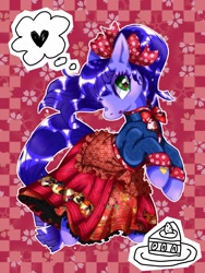 Size: 960x1280 | Tagged: safe, artist:stacy_165cut, imported from derpibooru, kimono, earth pony, pony, aoqun, bow, cake, cake slice, clothes, dress, female, food, g3, hair bow, heart, mare, namesake, plate, pun, ruqun, solo, thought bubble, visual pun