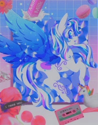 Size: 1452x1865 | Tagged: safe, artist:stacy_165cut, imported from derpibooru, star catcher, pegasus, pony, compact cassette, diamond, female, flower, food, g3, japanese, looking at you, looking back, looking back at you, mare, milk, open mouth, solo, spread wings, wings