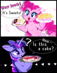 Size: 1455x1870 | Tagged: safe, artist:stacy_165cut, imported from derpibooru, pinkie pie, twilight sparkle, earth pony, pony, unicorn, ambiguous race, bipedal, cupcake, dialogue, donut, duo, duo female, exclamation point, female, food, hoof hold, horn, looking at you, mare, meat, omnivore twilight, open mouth, open smile, plate, ponies eating meat, question mark, smiling, smiling at you, speech bubble, steak, unicorn twilight
